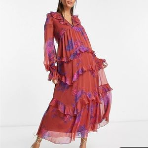 ASOS DESIGN Maternity tiered ruffle midi dress - elastic waist and lace up back